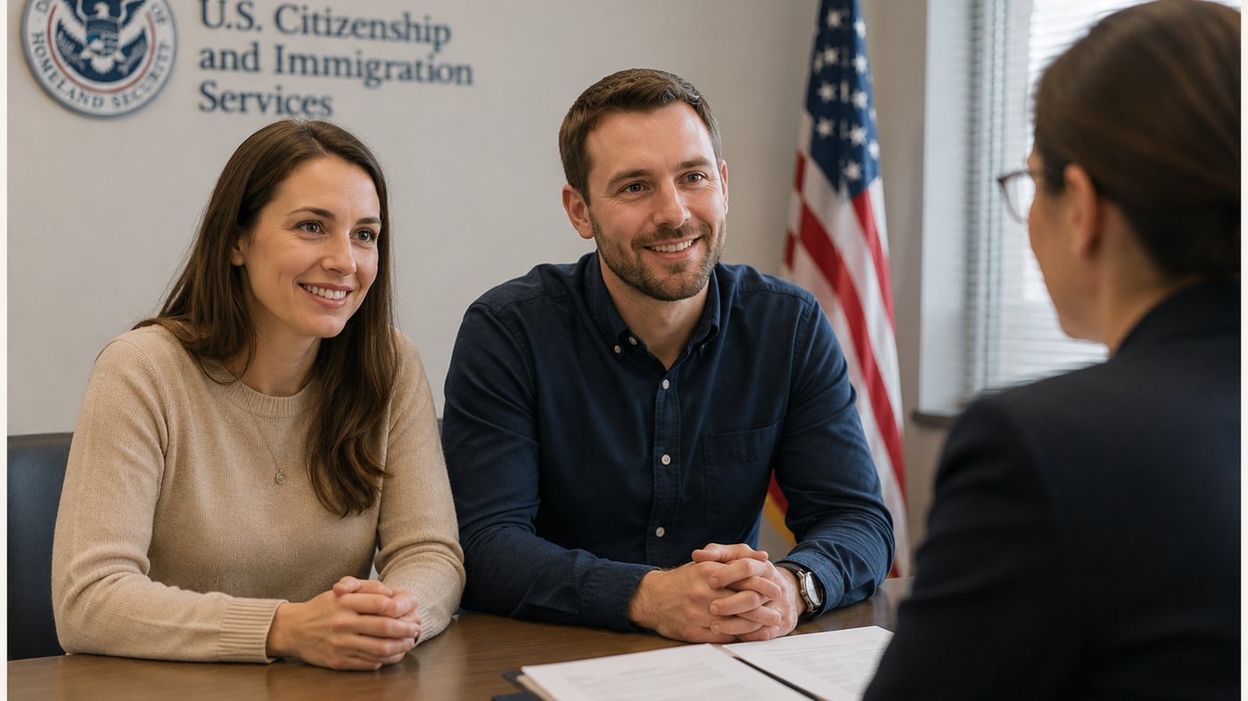 A married couple seated with a USCIS officer at their green card interview, calm and prepared