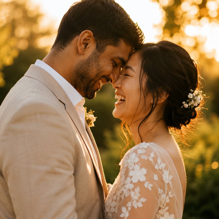Newlyweds touching foreheads and smiling in golden evening light