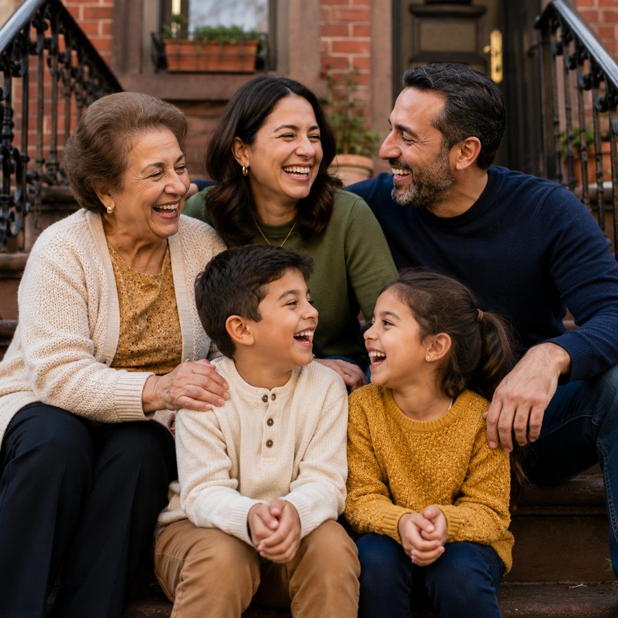 Three generations of a family laughing together on brownstone steps