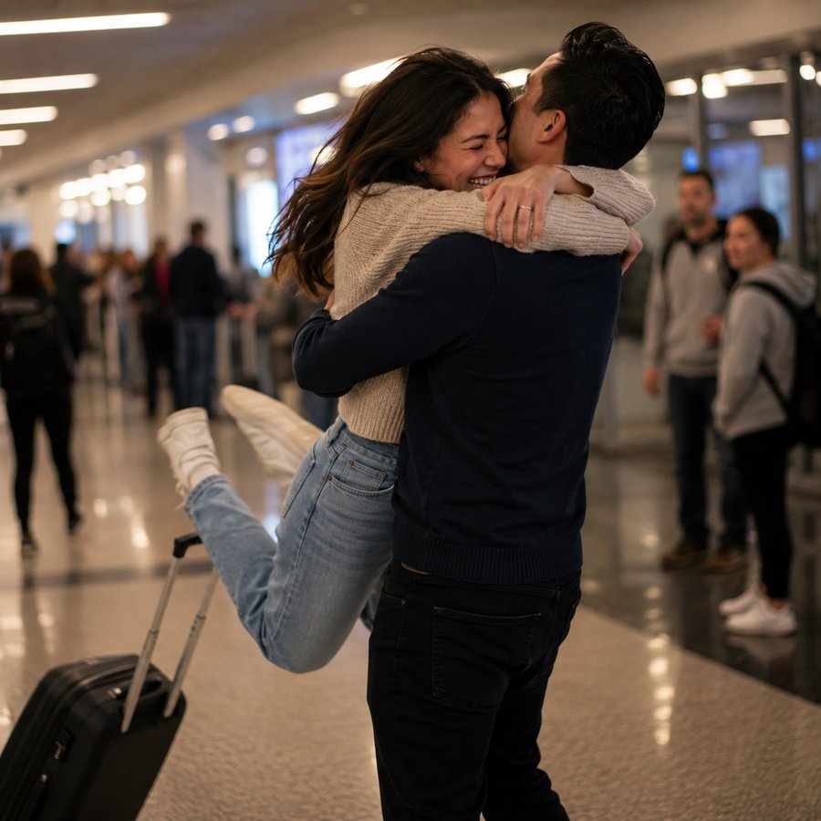 A couple reuniting with a joyful embrace at an airport arrivals hall