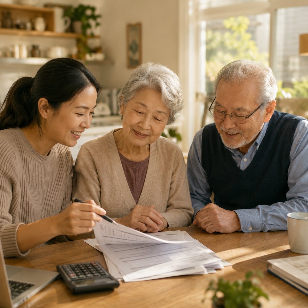 An adult daughter reviewing immigration paperwork with her parents at the kitchen table