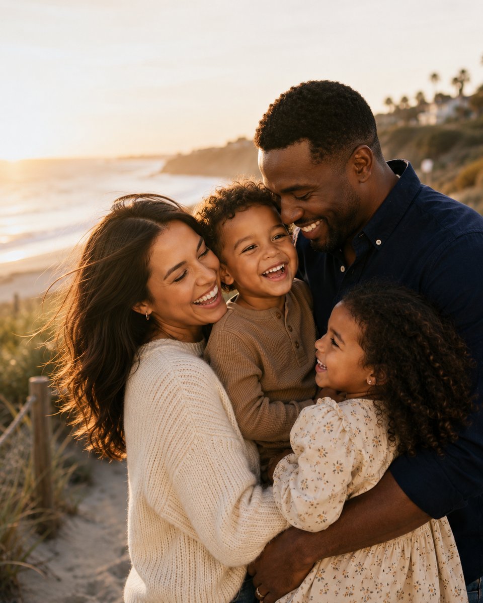 A family at the shore, settled and staying