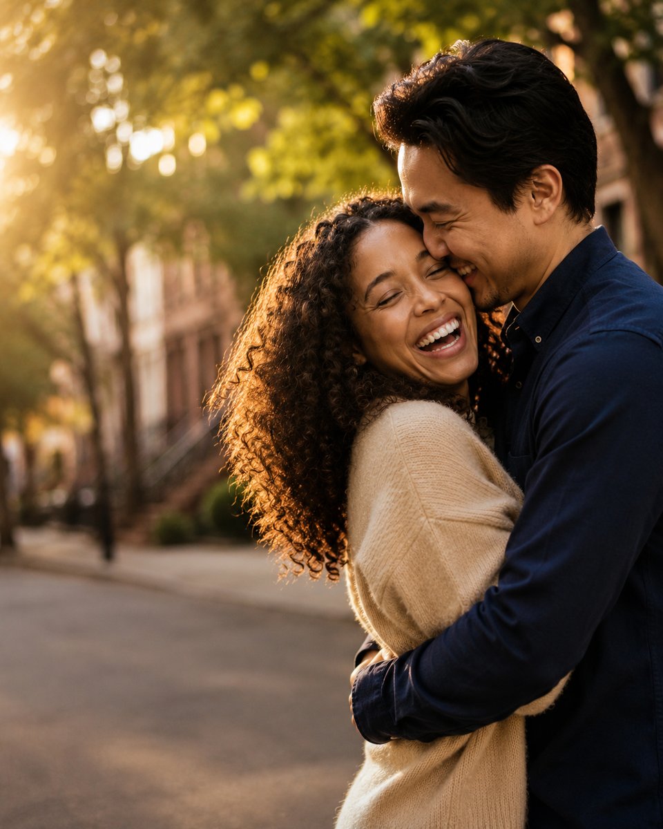 A married couple embracing on a Brooklyn street, reunited in the U.S.