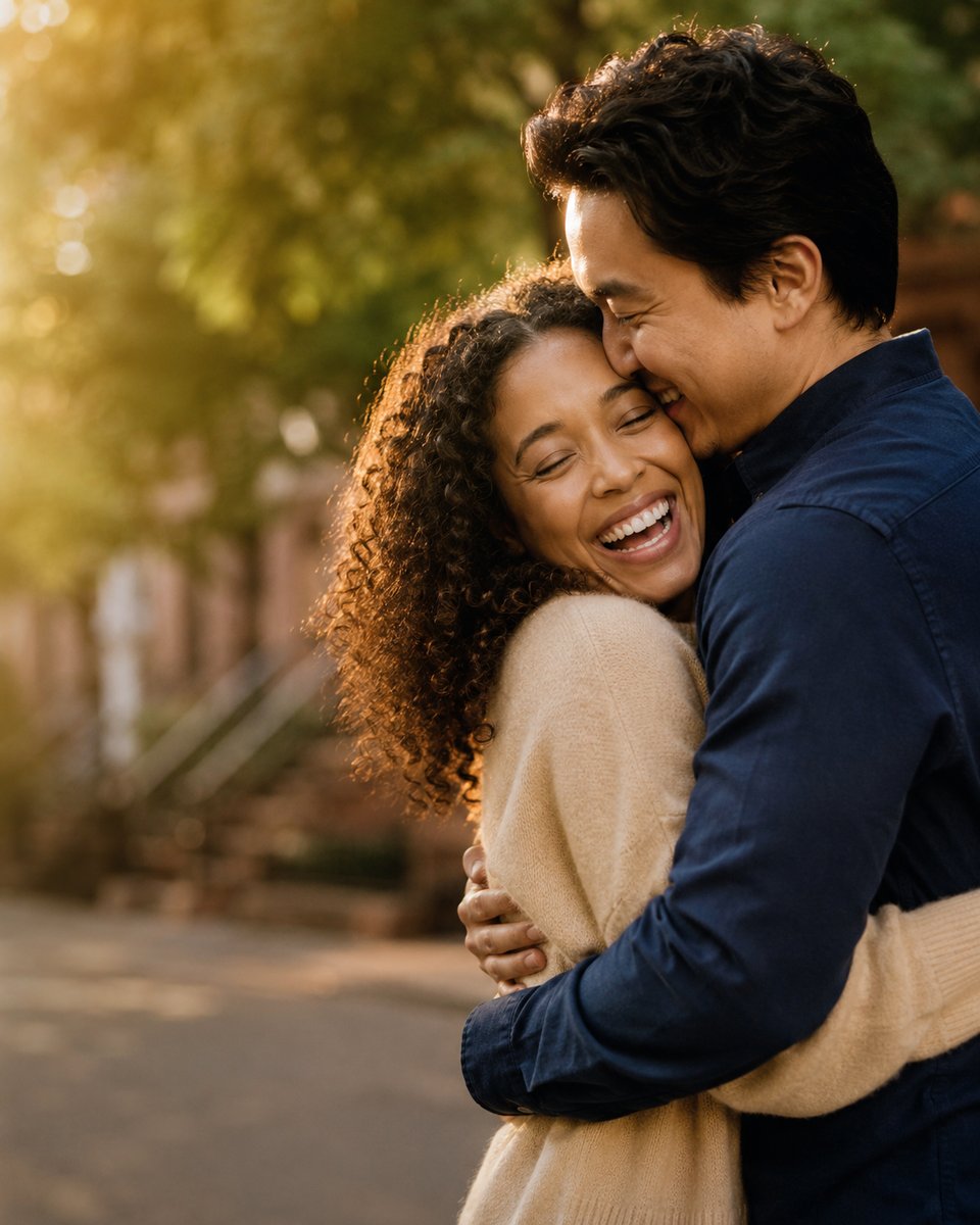 A couple embracing joyfully in warm golden-hour light on a city street
