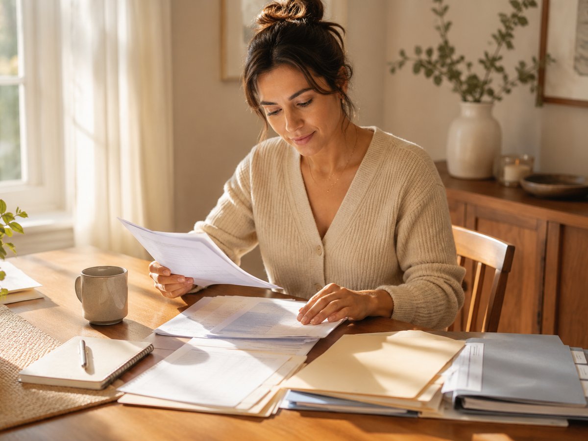 A woman at her dining table reviewing a file of joint documents in warm morning light