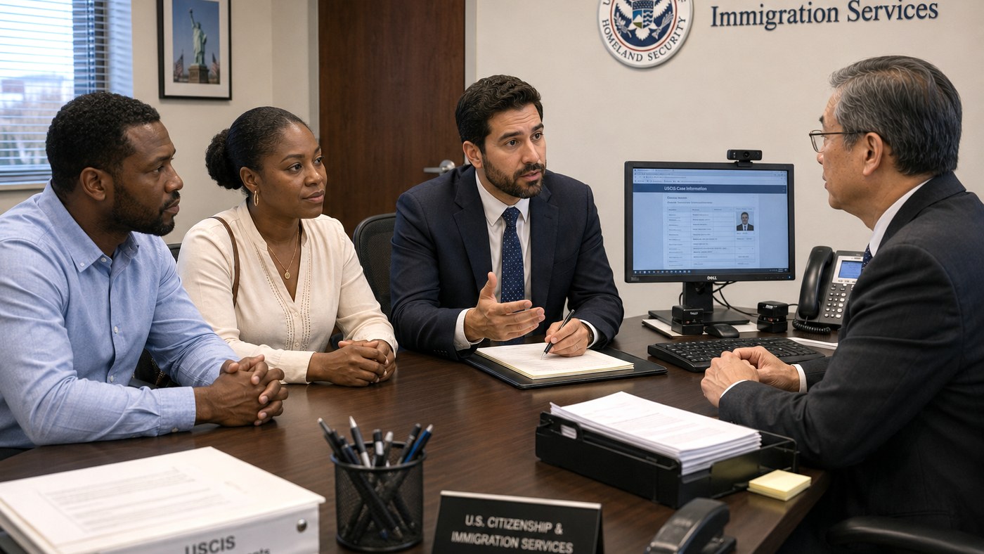 An attorney speaking for a couple across the desk from a USCIS officer