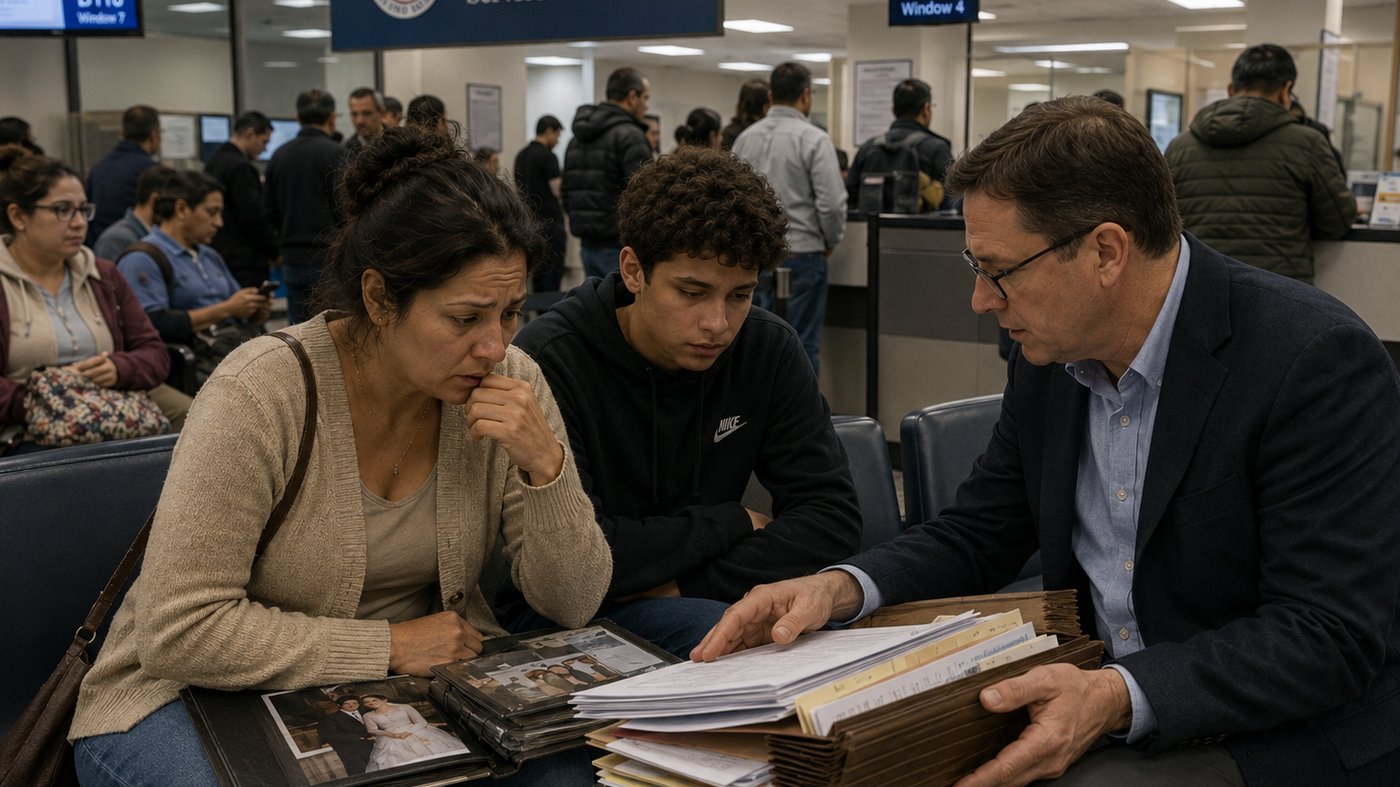 A mother and son reviewing a labeled document folder and family photo album with their attorney in a waiting room before a USCIS interview