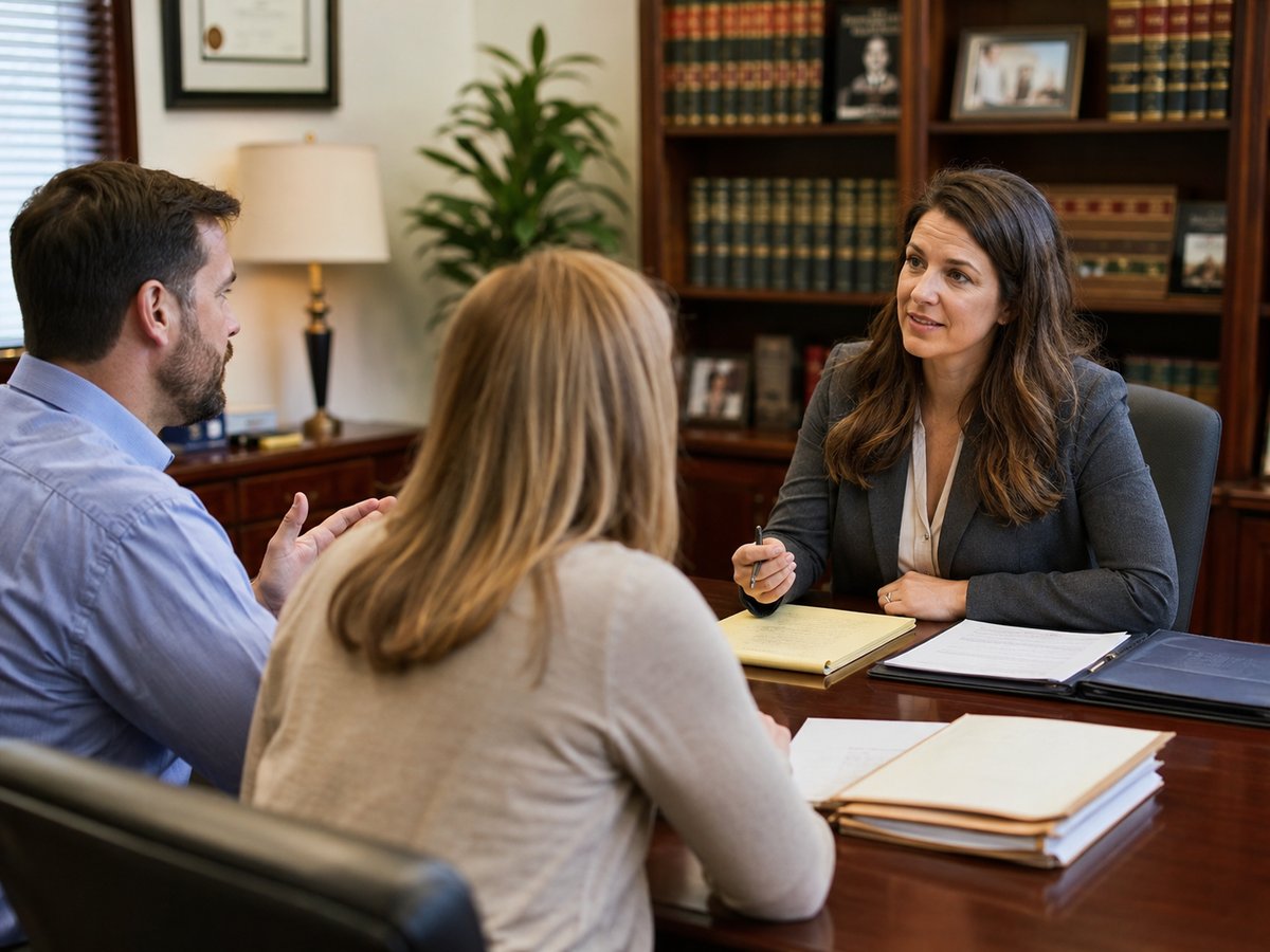 An attorney running a mock interview with a married couple across her conference table, legal pad and case file open in front of her