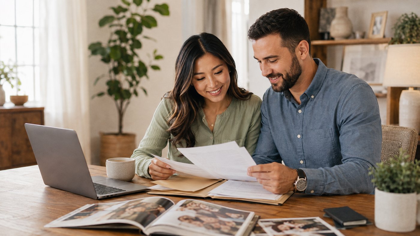 Newly married couple reviewing their adjustment-of-status paperwork together at home