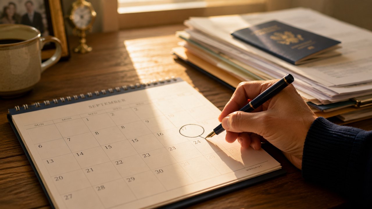 A hand circling a September date on a desk calendar beside immigration paperwork