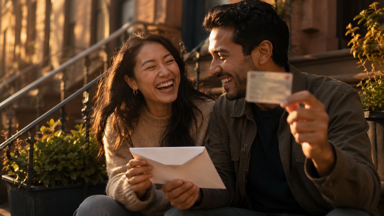 A joyful couple on their stoop holding an opened envelope and a card