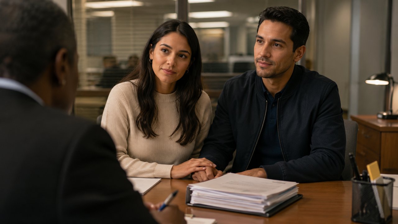 A couple holding hands at an interview desk across from an officer