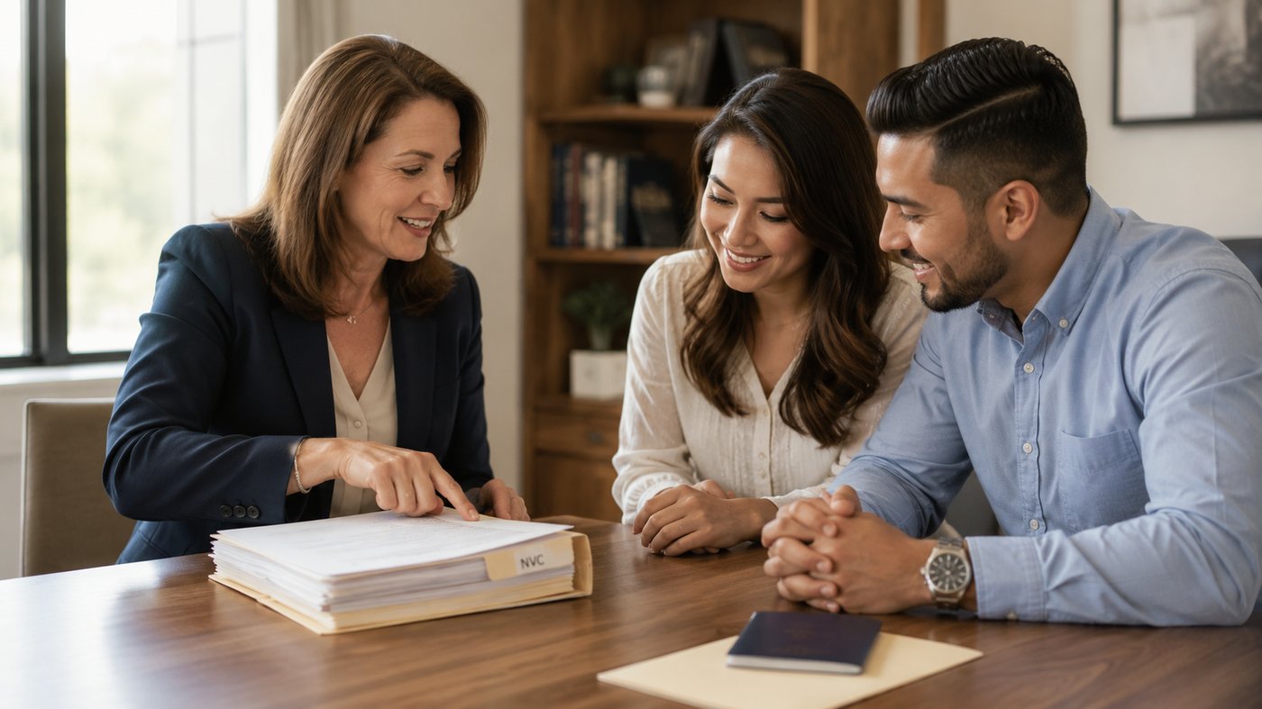 An attorney walking a couple through their assembled NVC document package at a conference table