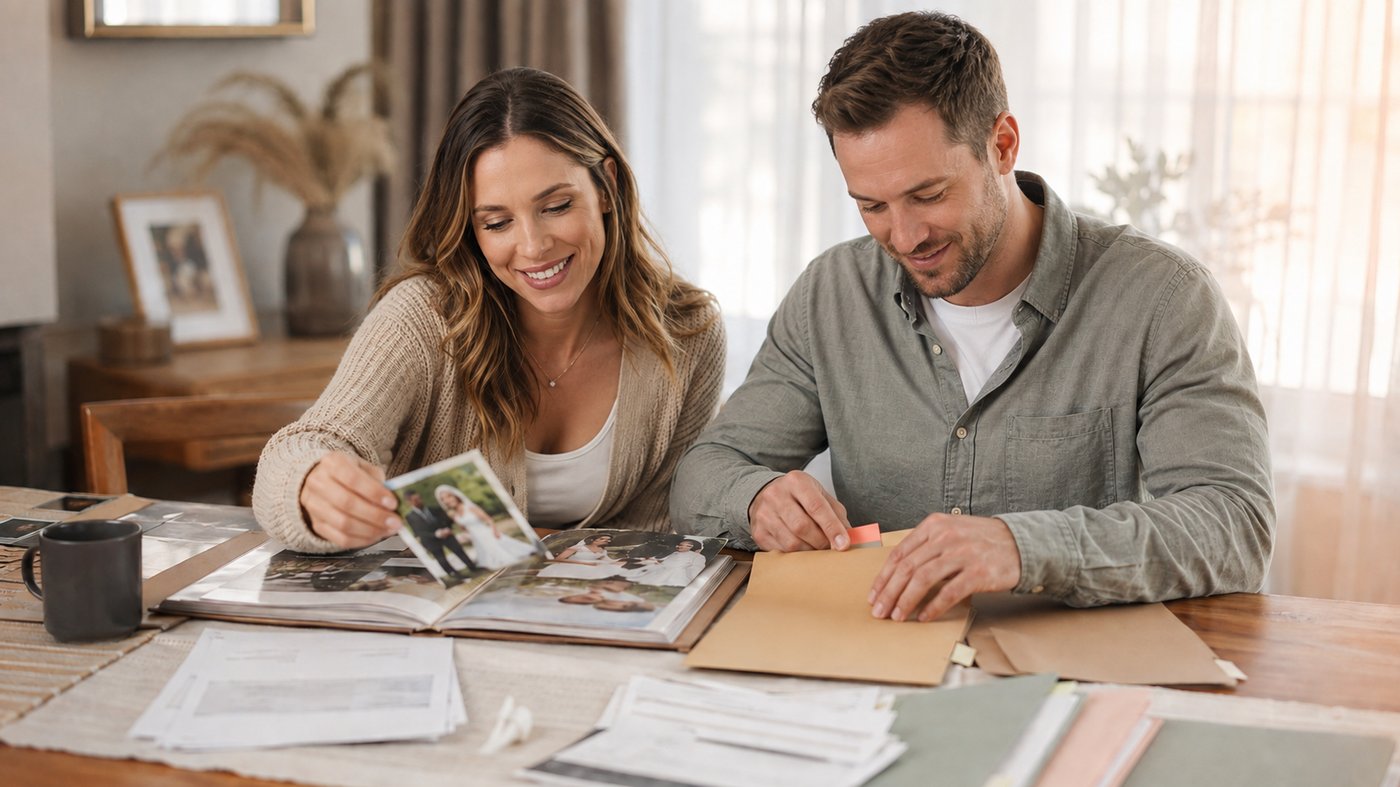 A married couple organizing their wedding album and joint documents for the I-751