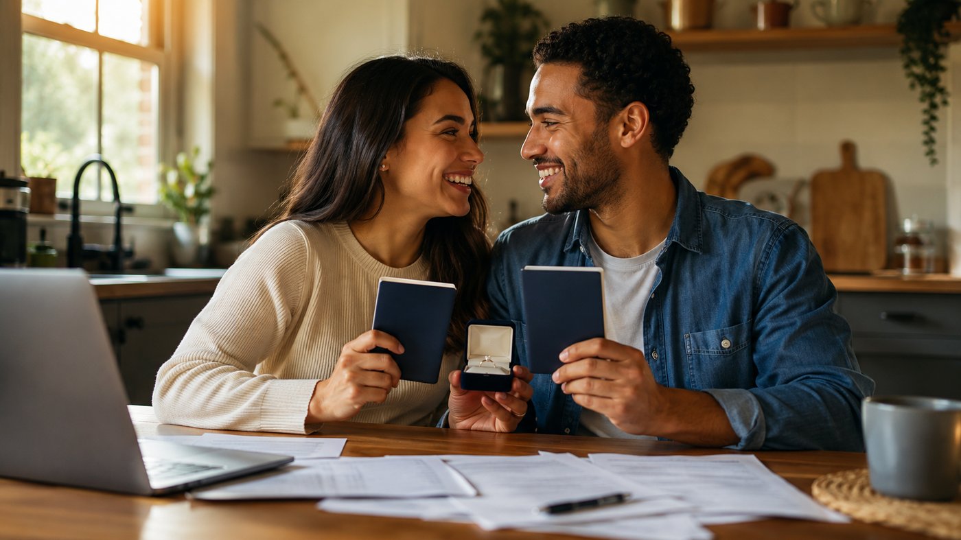 An engaged couple with their passports and engagement ring, beginning their petition together