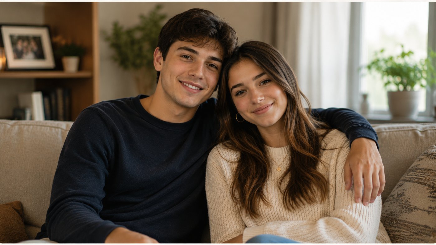 A brother and sister sitting together on the couch at home, reunited after years apart