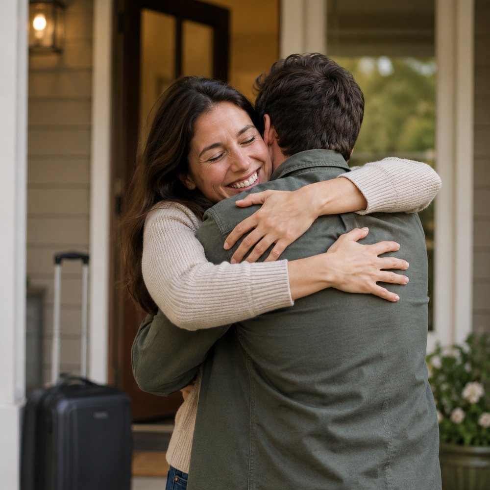 Two adult siblings embracing on a front porch after years apart, a suitcase still by the door