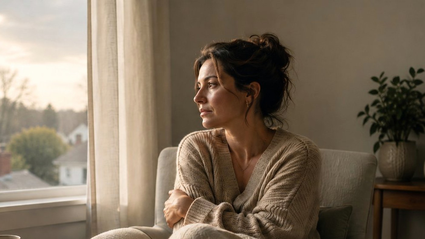 A woman sitting alone by a window at home
