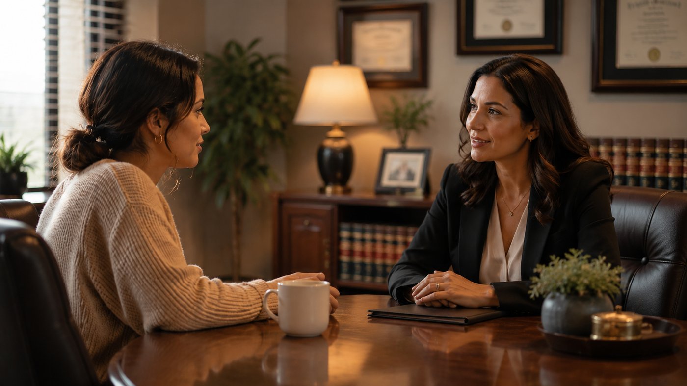 A private, unhurried consultation between a client and her attorney across a quiet office table