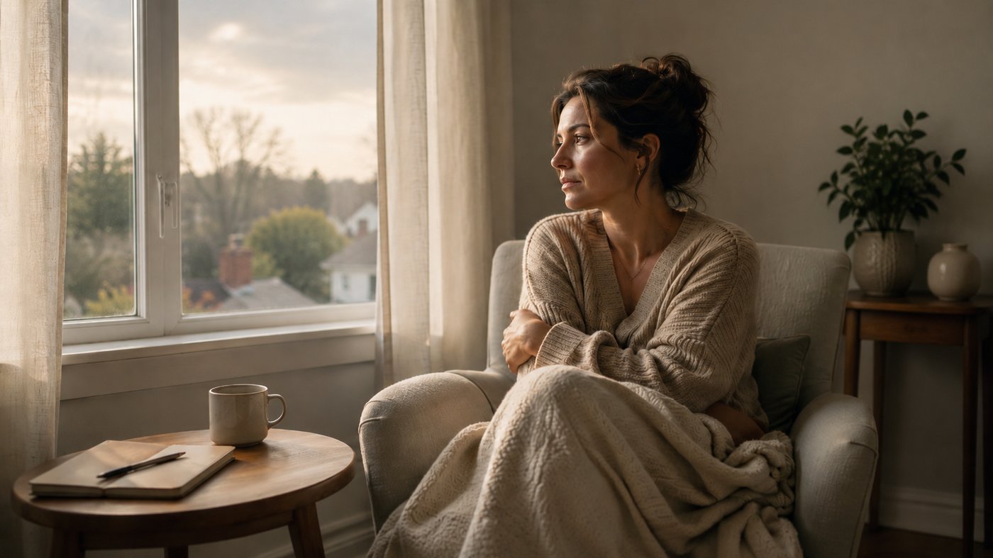 A woman sitting alone by a window in soft morning light, arms wrapped around herself, looking out